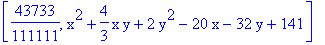[43733/111111, x^2+4/3*x*y+2*y^2-20*x-32*y+141]